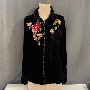 Johnny Was velvet embroidered button down shirt